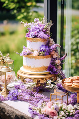 Wall Mural - Wedding cake with lavender floral decor, party celebration and holiday dessert in a countryside garden, event food catering, country cottage style, generative ai