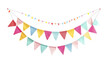 © YauheniyaA - Carnival garland with flags. Decorative colorful party pennants for birthday celebration, festival and fair decoration. Holiday background with hanging flags on transparent