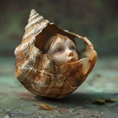 porcelan doll head draped in the shell of a seashell