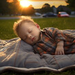 A young newborn child sleeps on an old blanket in the park on a nice sunny day
