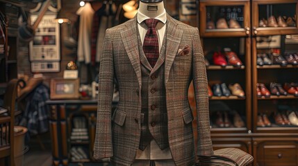 Wall Mural - A bespoke suit jacket draped over a mannequin, with the tailor adding final touches and adjustment