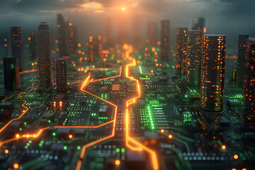 Integrated technology city with circuit board design at sunset. Creative image for future technology articles