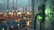 A green electric plug connecting to a clean energy source, illustrating sustainable energy solutions in business, against a blurred industrial backdrop.