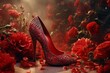 a red high heeled shoe surrounded by flowers