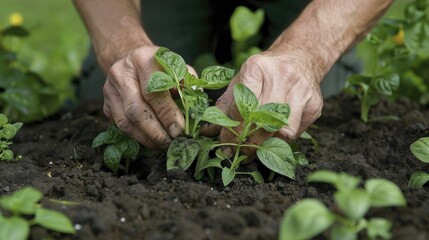 Poster - Hands gently place a young seedling in rich soil, the garden's beauty softly blurred in the background.