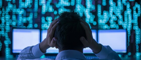 a stressed male programmer stands amidst a sea of digital data screens, his hands clutching his head