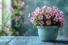 Beautiful Pink Impatiens Flowers In A Soft Blue Clay Pot Against A Tranquil Backdrop