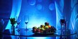 Fruits on table in a restaurant blue light background
