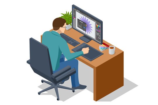 Isometric Graphic design studio. Graphic designer at work. Graphic designer drawing. Web banners, internet marketing, printed material, presentation templates
