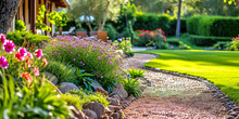 Landscape Design With Flower Beds In Home Garden