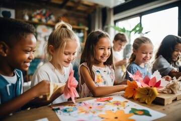 Happy children engaging in arts and crafts in classroom