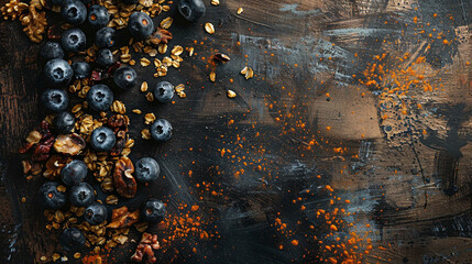 Wall Mural - healthy food. oatmeal with nuts and dried fruits. top view. rustic background