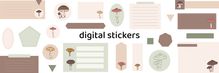 Wall Mural - Digital note papers and stickers for digital bullet journaling or planning. Hand-drawn vector mushrooms set. Line art. Ready to use blank sticky notes.