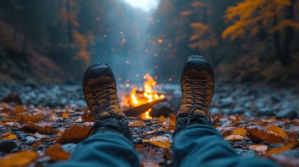  a person standing in front of a campfire with their feet on the ground in front of them, with their feet on the ground in front of the fire.