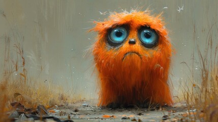 Wall Mural -  a painting of an orange furry creature with blue eyes and a sad look on it's face, with grass in the foreground and a wall in the background.