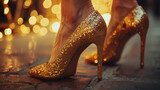 Fototapeta  - Female legs in gold glitter chunky high heel pumps. Shoes for wedding, Christmas, new year, evening, cocktail, night out. Golden stiletto heels.