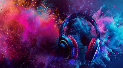 World music day banner with headset headphones on abstract colorful dust background.