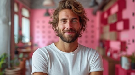 Wall Mural -  a man with a beard and a white t - shirt in a room with pink walls and a potted plant in the foreground and a potted plant in the foreground.