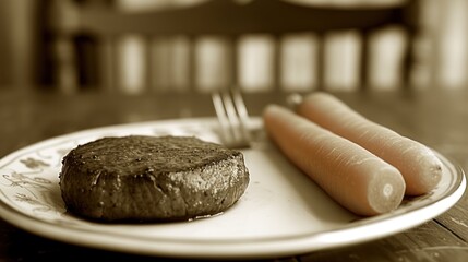 Wall Mural - a white plate topped with a piece of meat and a carrot next to a piece of meat on a fork.