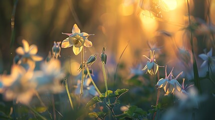 Wall Mural - Serene wildflower meadow at golden hour, sunlight peeking through. nature and tranquility captured in a soft style. perfect for calming themes. AI