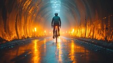  A Bicyclist Rides Through A Tunnel In The Middle Of The Night With Bright Lights On The Sides Of The Tunnel And A Man On The Front Of The Bike.