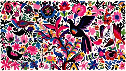 Poster - a colorful painting of birds and flowers on a white background with pink, blue, green, yellow, and red colors.