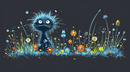 Canvas Print - a painting of a black cat standing in a field of flowers and grass with bubbles coming out of its eyes.