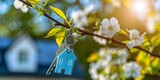 Fototapeta Londyn - Springtime Home Ownership Concept with a House Key Hanging on a Blooming Branch, Symbolizing New Beginnings and Property Investment, Generative AI