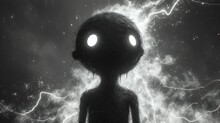  A Black And White Photo Of A Strange Creature With Two Glowing Eyes And A Black Body With A Black Body And A White Background With A Lot Of Clouds And Stars.