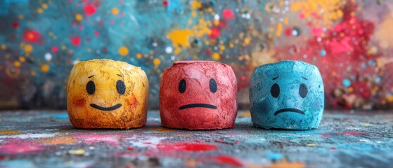  three colored rocks with faces drawn on them sitting in front of a colorful wall with paint splattered on it and one has a sad face drawn on it.