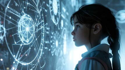 Wall Mural - young girl in awe looking at futuristic digital interface. science fiction scene, concept art of tec