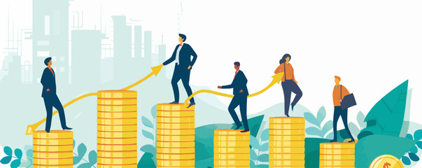 Business people stepping up on Rupee coins against a growing upward graph, business analysis and planning, Business porters a successful team. Business growth set flat vector modern illustration