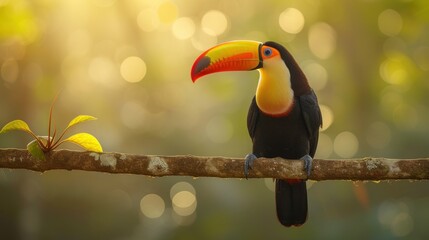 Poster - a toucan sitting on a branch with a plant in the foreground and sunlight shining through the trees in the background.