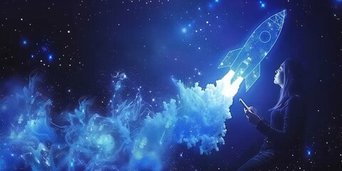 Wall Mural - A Woman Conjures a Cosmic Rocket Launch from Her Smartphone into the Starry Night, Generative AI