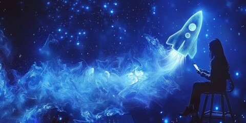 Poster - A Woman Conjures a Cosmic Rocket Launch from Her Smartphone into the Starry Night, Generative AI