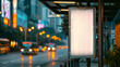 Evening in the City: Illuminated Blank Advertising Billboard with Street Lights and City Life