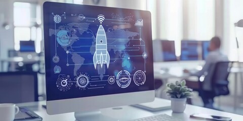 Fototapete - Tech Frontier: Conceptual Rocket Launch on a Digital Global Network, Emphasizing Worldwide Connectivity and Innovation, Generative AI
