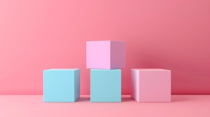 Fototapete - An award podium made from three different sized pastel squares against a blank pink background
