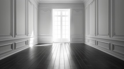 Poster - View of a white, empty room with dark laminate flooring, showcasing classical interior style. A blank space architecture can be seen in this image.