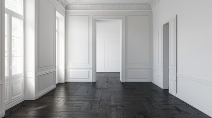 Poster - This is a view of an empty white room with a dark laminate floor, classical interior style, and architecture of a blank space.