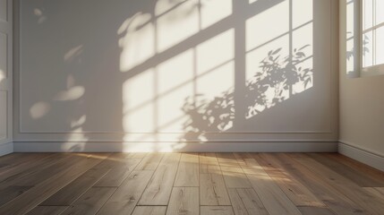 Aufkleber - A 3D rendering of an empty room with wood laminate floor and sunlight casting a shadow on the wall.