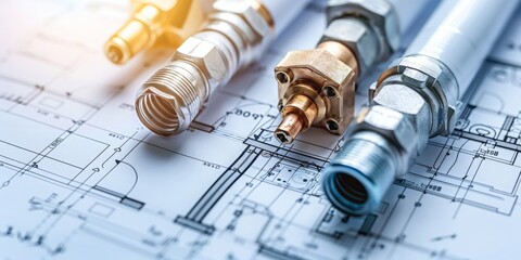 Aufkleber - Mechanical Blueprints and Metal Fittings Symbolizing Industrial Design and Craftsmanship, Generative AI