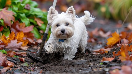 Poster - a small white dog standing in a pile of dirt next to a tree with a shovel in it's mouth.