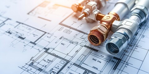 Aufkleber - Mechanical Blueprints and Metal Fittings Symbolizing Industrial Design and Craftsmanship, Generative AI