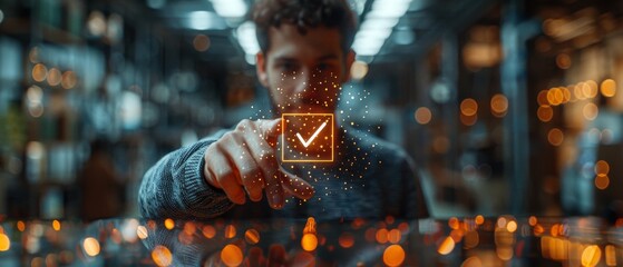 Poster - Using a virtual screen, a businessman touches the checked icon to validate its application for business process automation, quality assurance management, certification, and digital transformation.