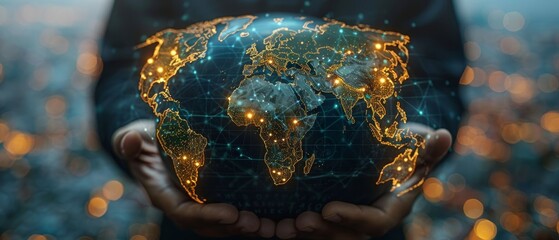 Poster - A businessman is holding a global network connection, with a big data concept of analytics and business intelligence, and a world map point and line composition concept of global business.