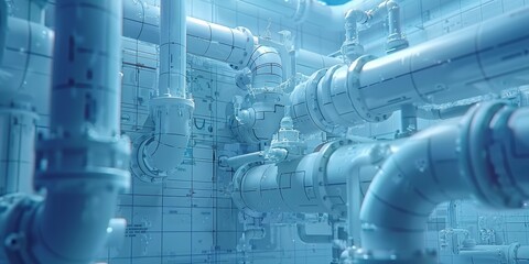 Aufkleber - Engineering Complexity: An Intricate Network of Pipes Overlaid on Technical Blueprints, Generative AI