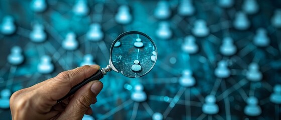 Aufkleber - The human resource management concept. The businessman is holding a magnifier and searching for human icons for the development and recruitment of human resources.