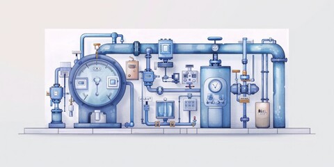 Poster -  A Detailed Illustration of Industrial Machinery with Complex Piping and Measurement Instruments, Generative AI