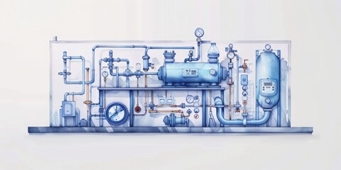 Poster -  A Detailed Illustration of Industrial Machinery with Complex Piping and Measurement Instruments, Generative AI